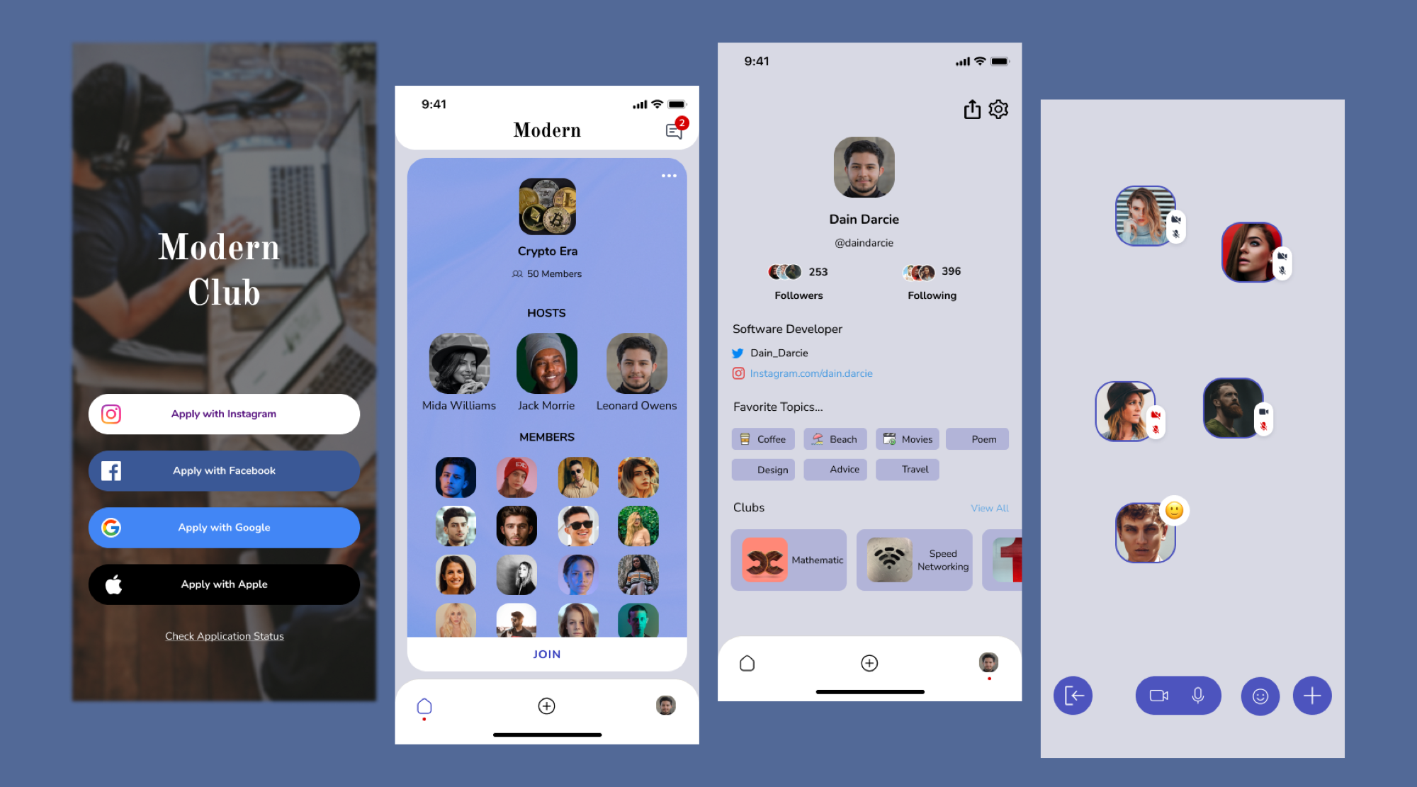 Modern Club app screens