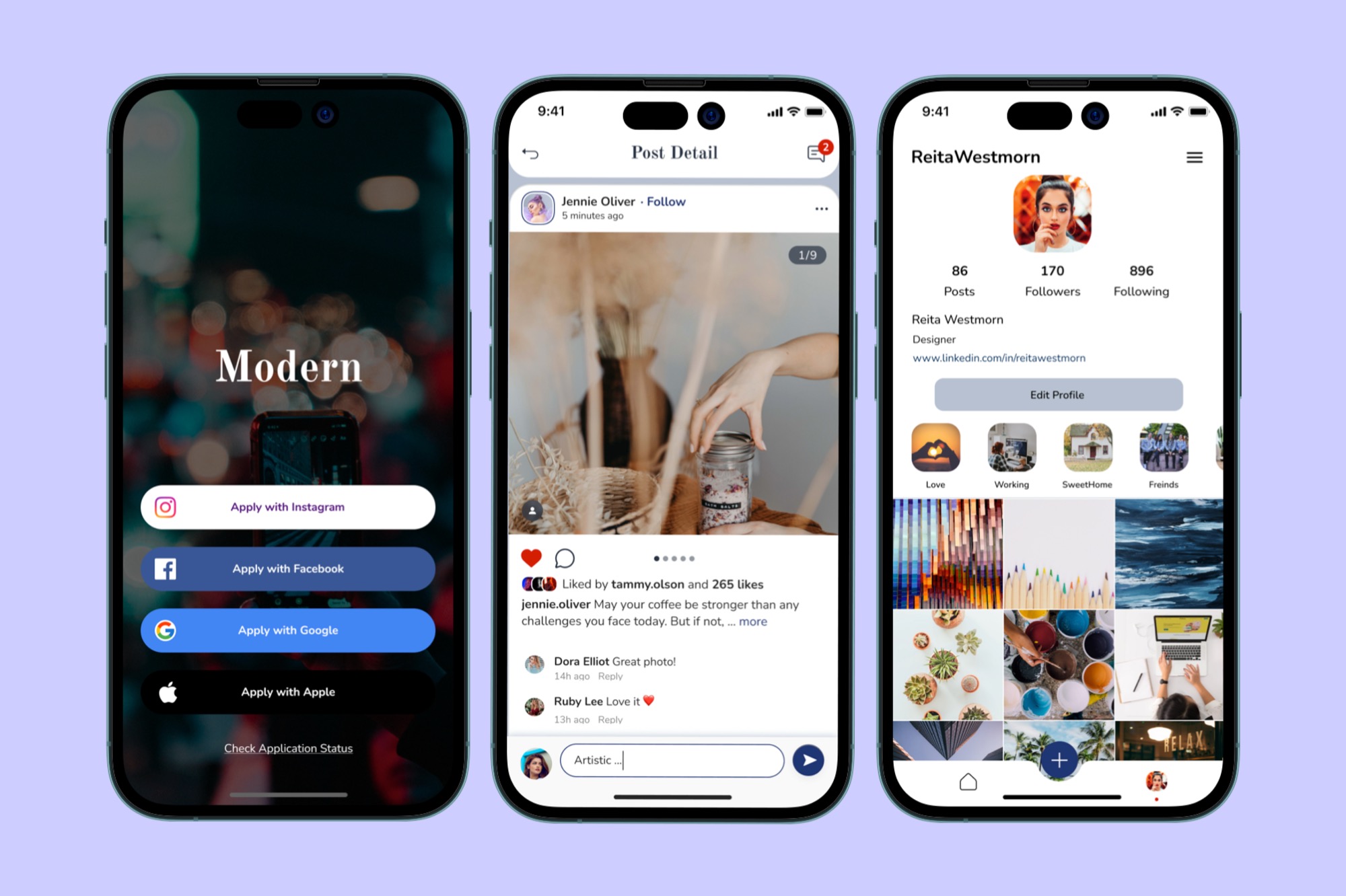 Modern Social app screens